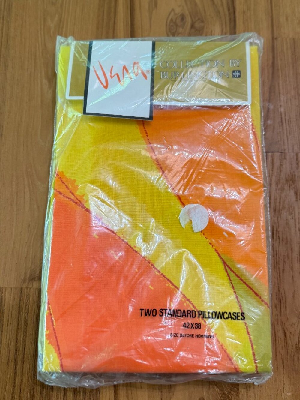 Vera Neumann MOD STYLE 1970s Set Orange Yellow 2 King Pillowcase NOS 42 Inch